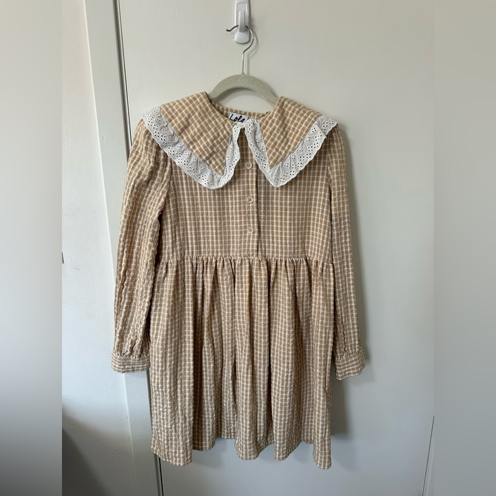 Lola May Women’s Beige Checkered Dress with Lace Collar